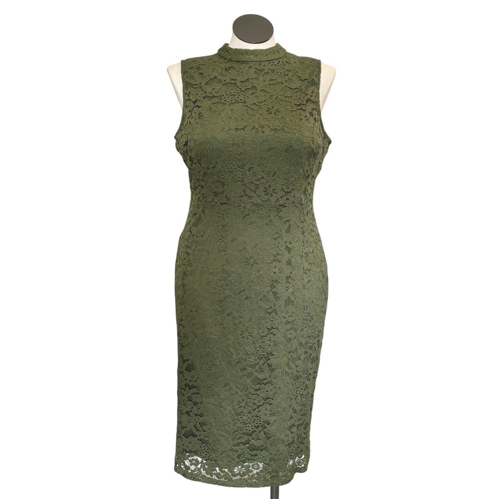Women's Olive Green Lace Mock Neck Sleeveless Sheath Dress Knee Length‎